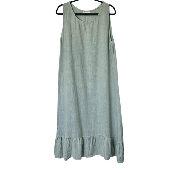 Terzo Milennio Dresses & Skirts - Terzo Millennio Shift Dress Large Linen Sage Green Sleeveless Lagenlook Ruffled